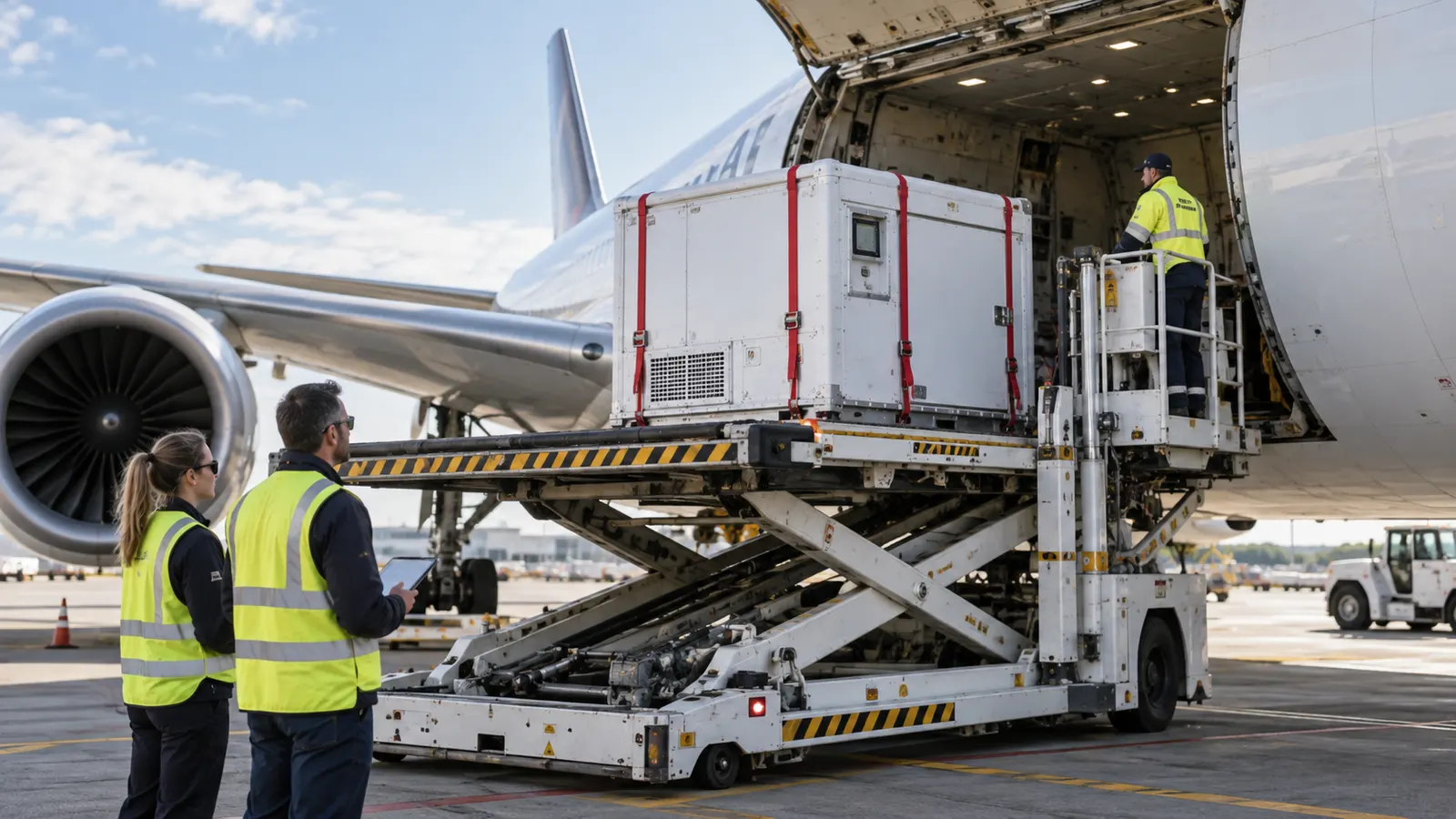 Temperature-controlled container on the loader at the aircraft door